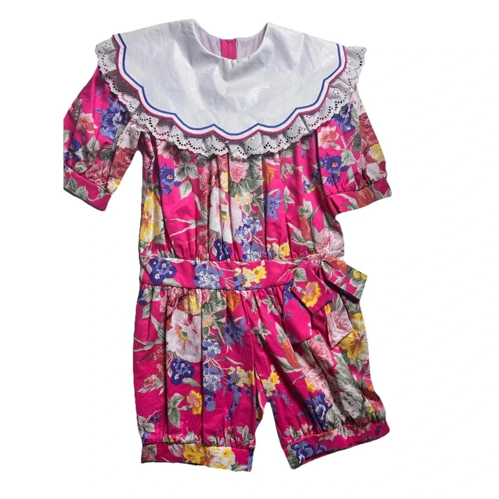 Vintage Chocolate Soup Pink Floral Round Lace Collar Shortalls Romper‎ Outfit 10